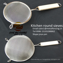 Herramientas de cocina dumpling cucharones 3 &quot;coladores de malla de alambre con mango de cocina boscosa arte de acero inoxidable de malla fina tamices redondos